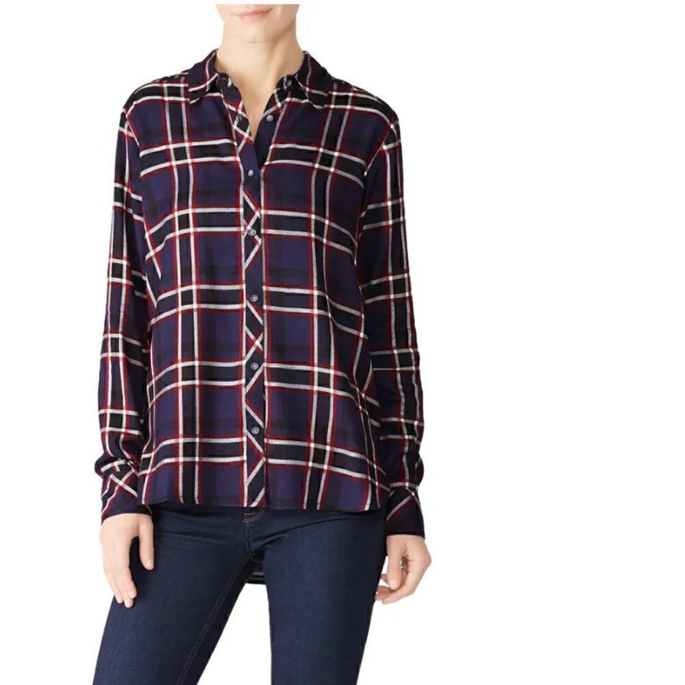 Michael Stars Shirt Menswear Inspired Navy Plaid Boyfriend Shirt XS